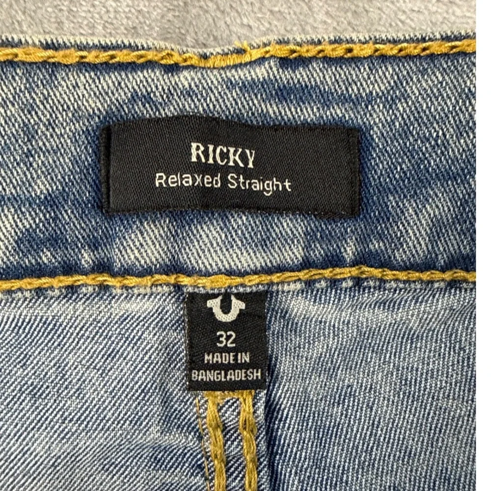 True Religion Jeans Mens 32x34 Ricky Blue Straight Leg Signature Stitch NEW